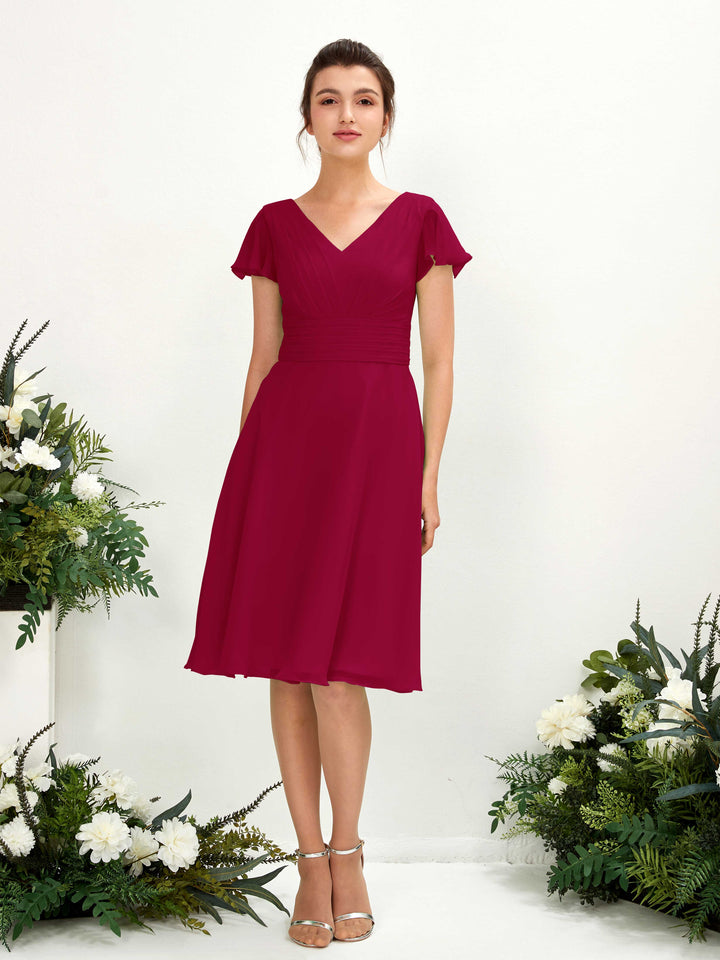 Carlyna Robe trapèze col V manches papillon longueur genou mousseline Rouge Bouffon 