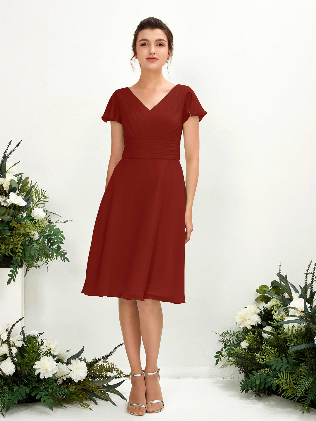 Carlyna Robe trapèze col V manches papillon longueur genou mousseline Rouille 