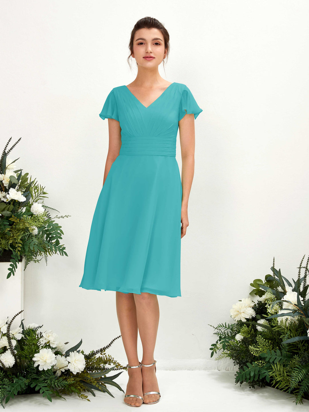 Carlyna Robe trapèze col V manches papillon longueur genou mousseline Turquoise 