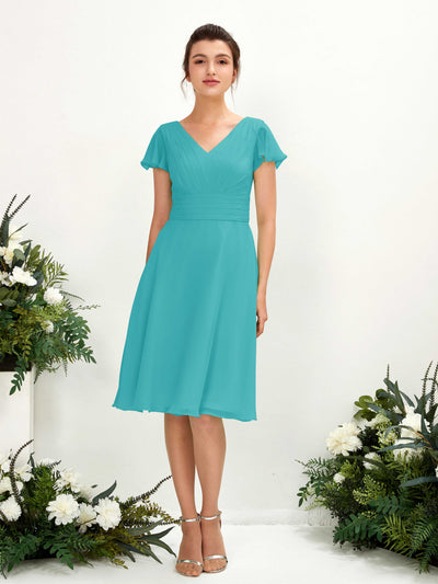 Carlyna Robe trapèze col V manches papillon longueur genou mousseline Turquoise #couleur_turquoise