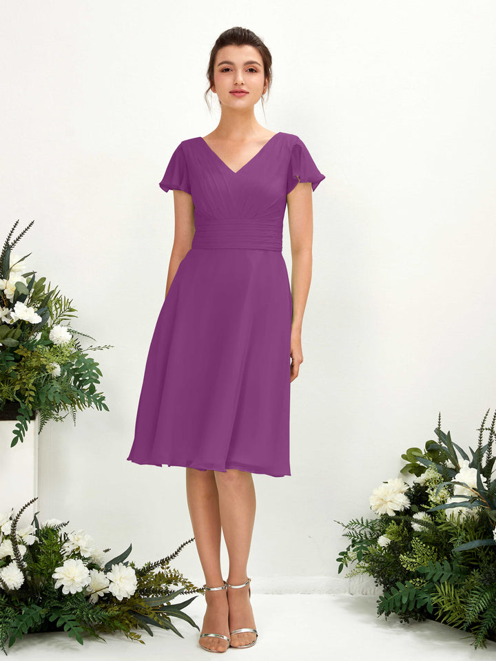 Carlyna Robe trapèze col V manches papillon longueur genou mousseline Violet 