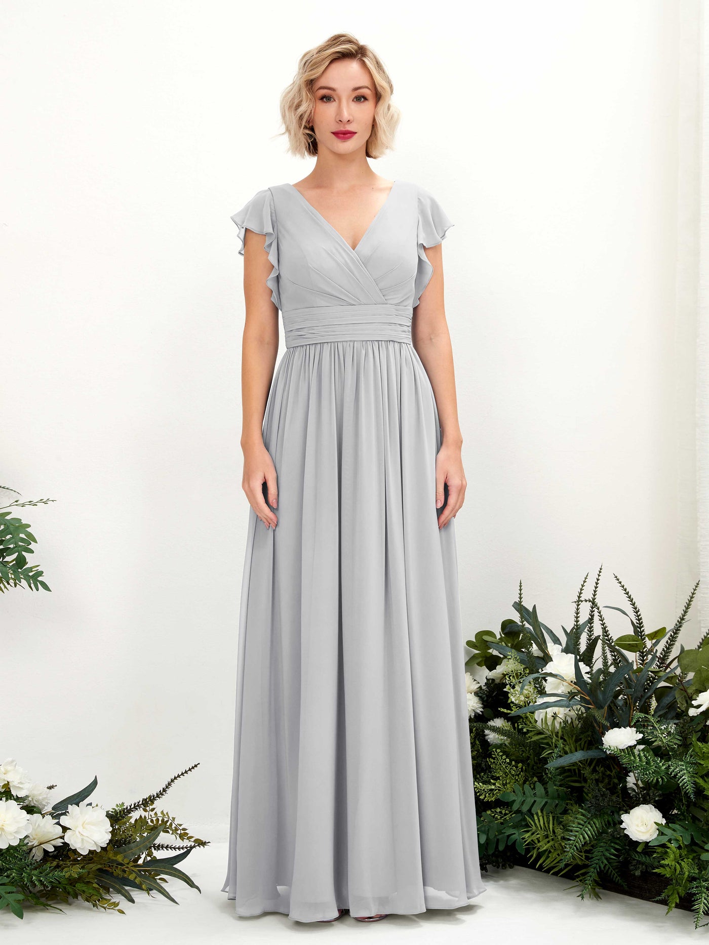 Carlyna Robe Trapèze Col V Manches papillon Longueur ras du sol Demoiselle d'honneur Argent #couleur_argent