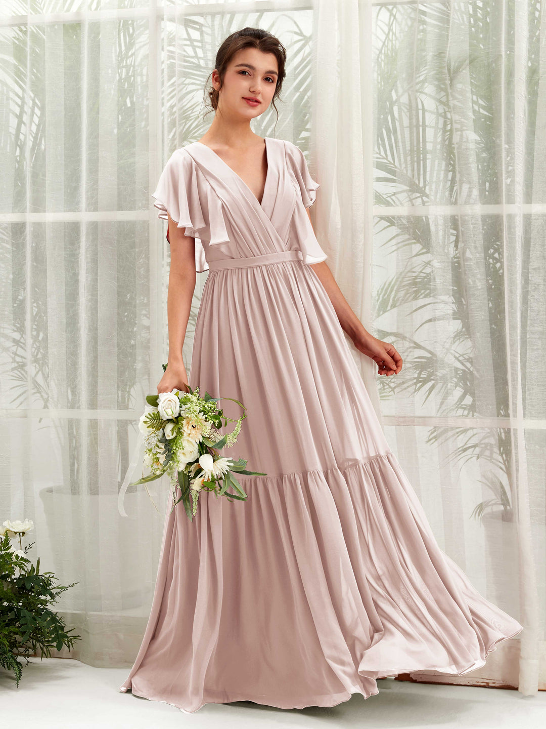 Carlyna Robe trapèze col V manches papillon longueur ras du sol demoiselle d&