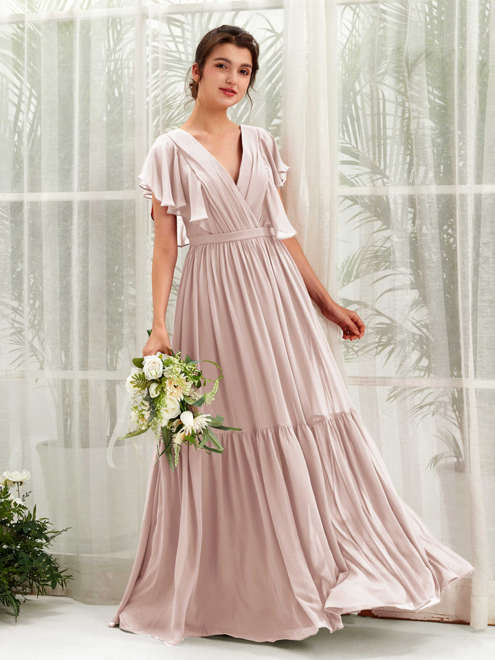 Carlyna Robe trapèze col V manches papillon longueur ras du sol demoiselle d&