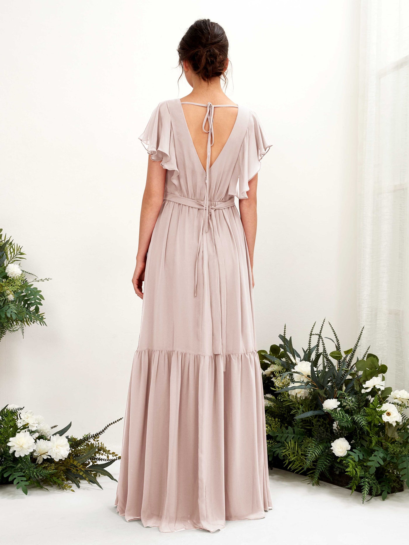 Carlyna Robe trapèze col V manches papillon longueur ras du sol demoiselle d'honneur Biscotti #couleur_biscotti