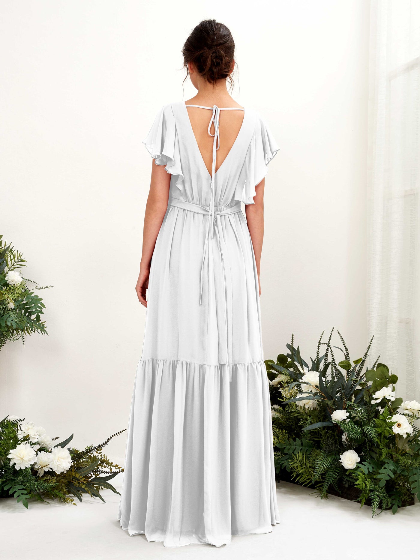 Carlyna Robe trapèze col V manches papillon longueur ras du sol demoiselle d'honneur Blanc #couleur_blanc
