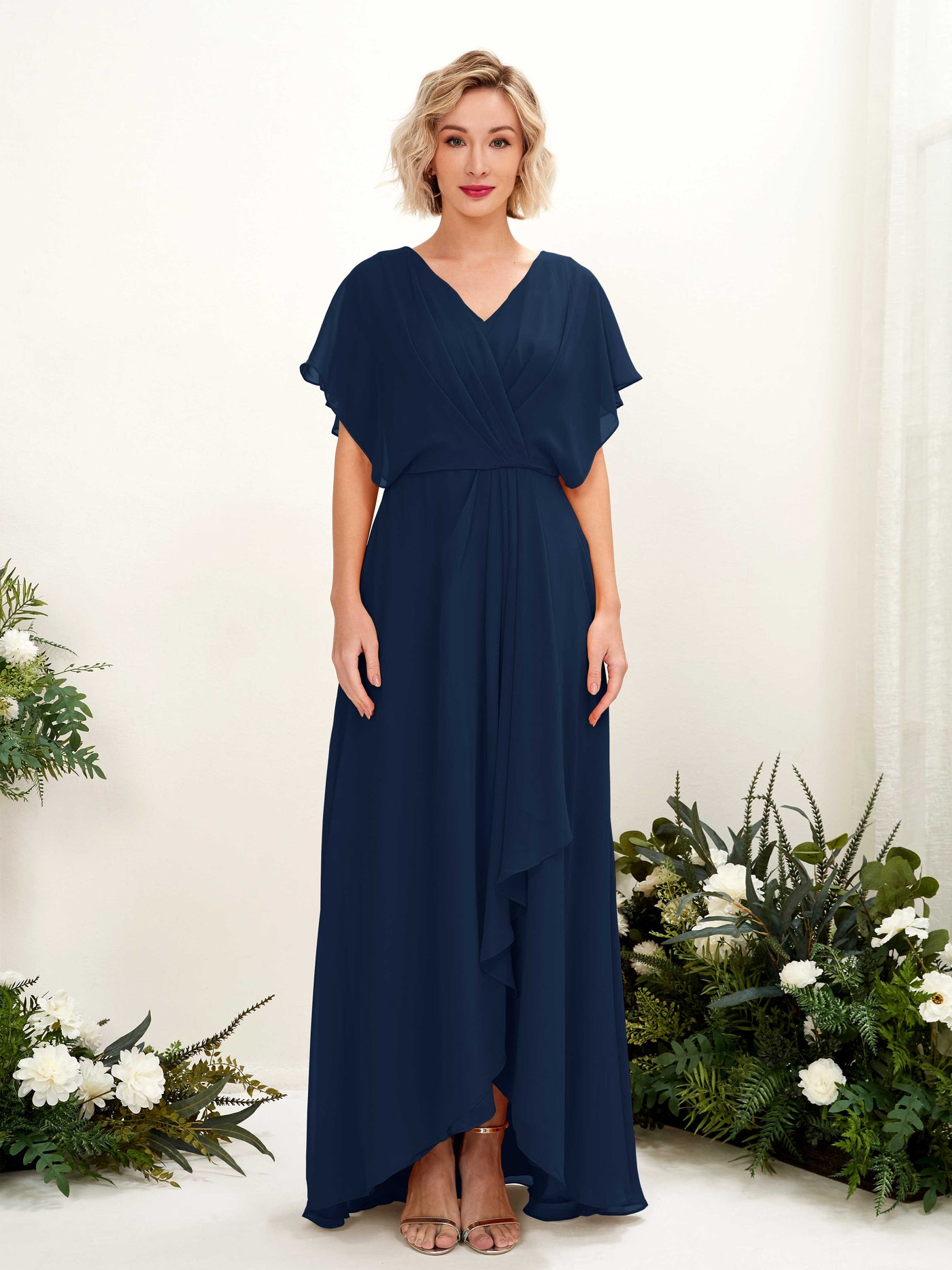 Carlyna Robe Trapèze Col V Manches papillon Longueur ras du sol Demoiselle d'honneur Bleu Marine #couleur_bleu-marine