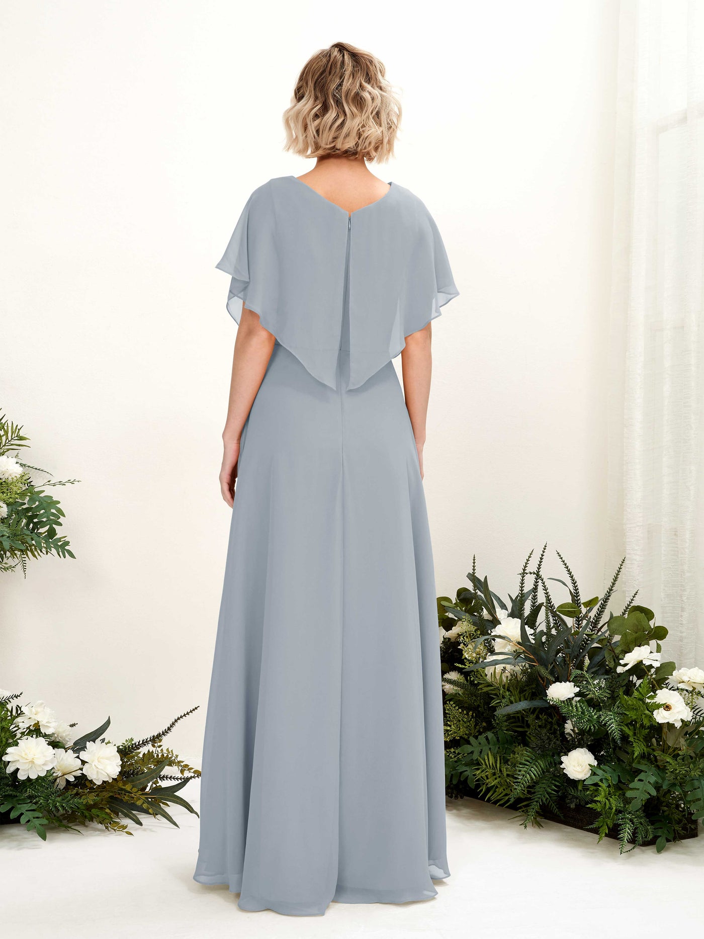 Carlyna Robe Trapèze Col V Manches papillon Longueur ras du sol Demoiselle d'honneur Bleu Poussiéreux Amélioré #couleur_bleu-poussi-reux-am-lior
