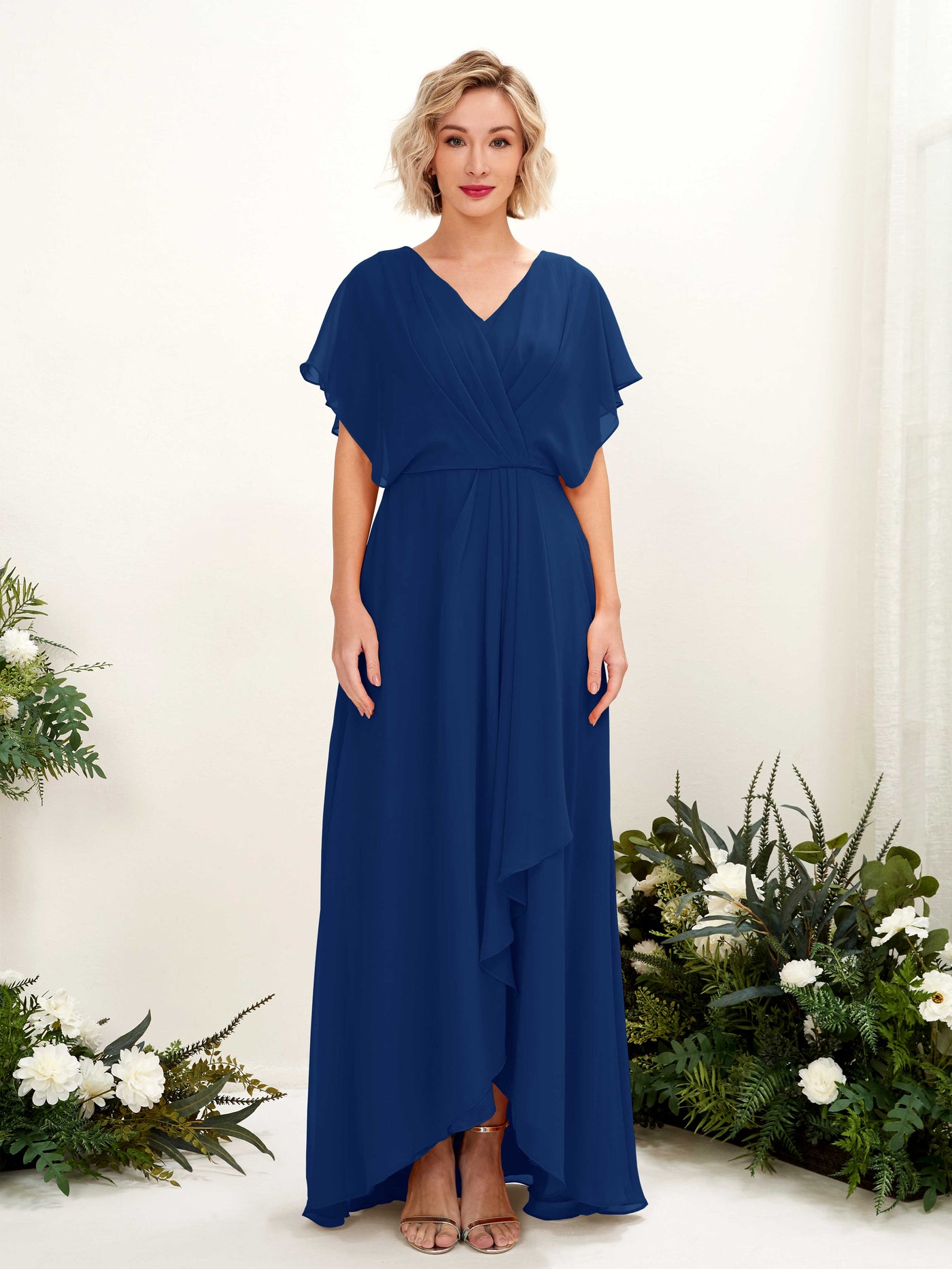 Carlyna Robe Trapèze Col V Manches papillon Longueur ras du sol Demoiselle d'honneur Bleu Roi #couleur_bleu-roi