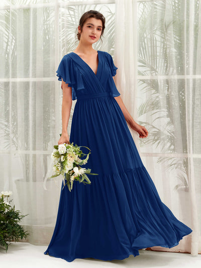 Carlyna Robe trapèze col V manches papillon longueur ras du sol demoiselle d'honneur Bleu Roi #couleur_bleu-roi