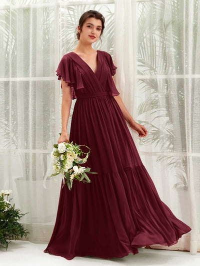 Carlyna Robe trapèze col V manches papillon longueur ras du sol demoiselle d'honneur Bordeaux #couleur_bordeaux