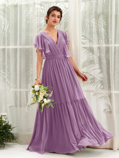 Carlyna Robe trapèze col V manches papillon longueur ras du sol demoiselle d'honneur Brume Orchidée #couleur_brume-orchid-e