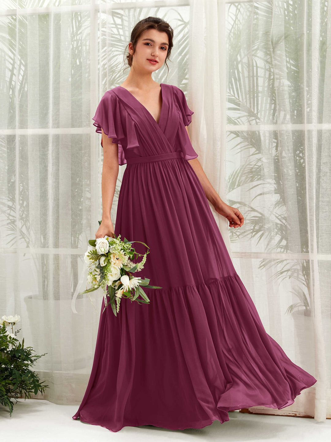 Carlyna Robe trapèze col V manches papillon longueur ras du sol demoiselle d&