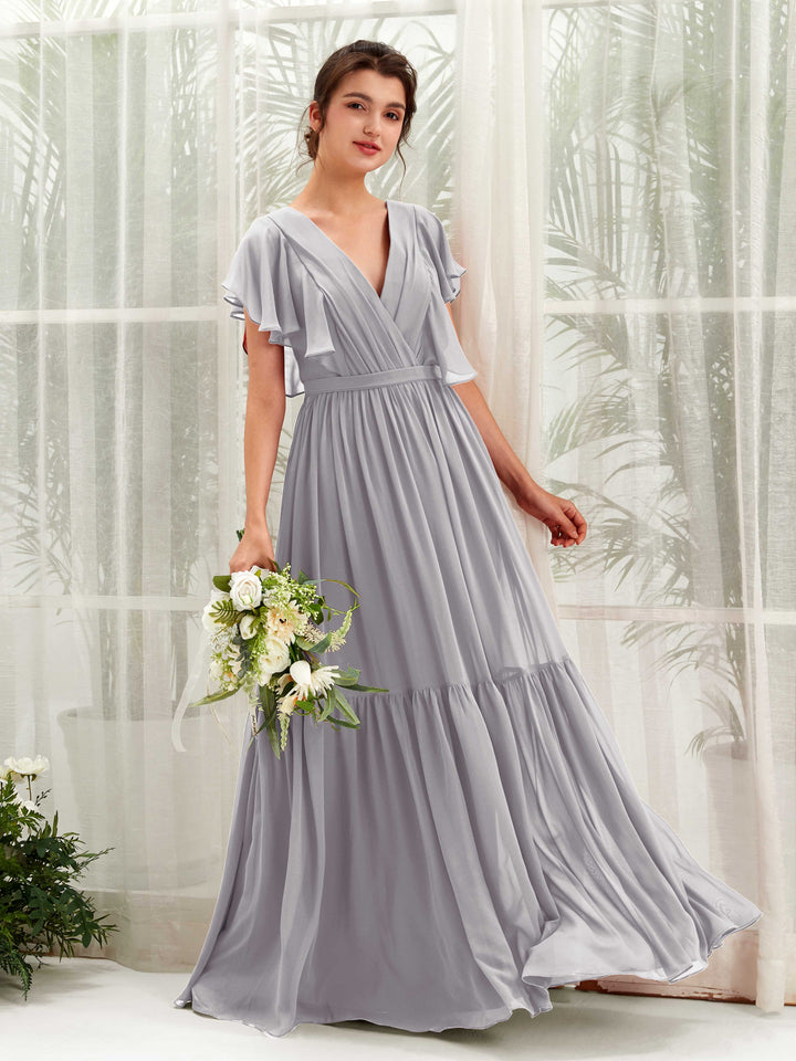 Carlyna Robe trapèze col V manches papillon longueur ras du sol demoiselle d&