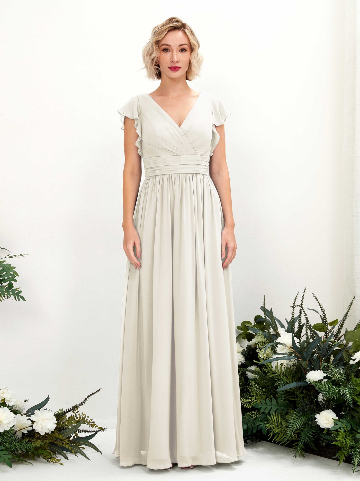 Carlyna Robe Trapèze Col V Manches papillon Longueur ras du sol Demoiselle d'honneur Ivoire #couleur_ivoire
