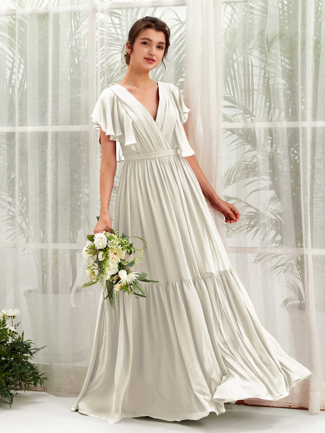 Carlyna Robe trapèze col V manches papillon longueur ras du sol demoiselle d&