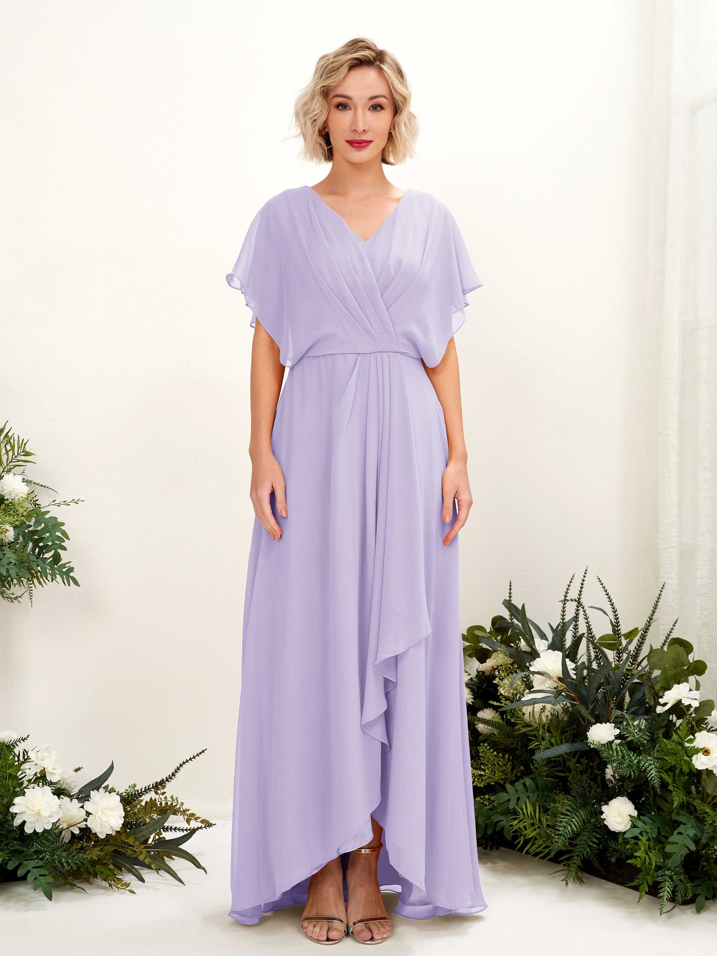 Carlyna Robe Trapèze Col V Manches papillon Longueur ras du sol Demoiselle d'honneur Lilas #couleur_lilas