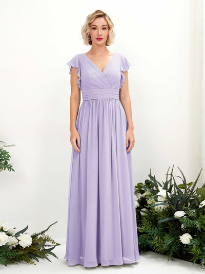 Carlyna Robe Trapèze Col V Manches papillon Longueur ras du sol Demoiselle d'honneur Lilas #couleur_lilas