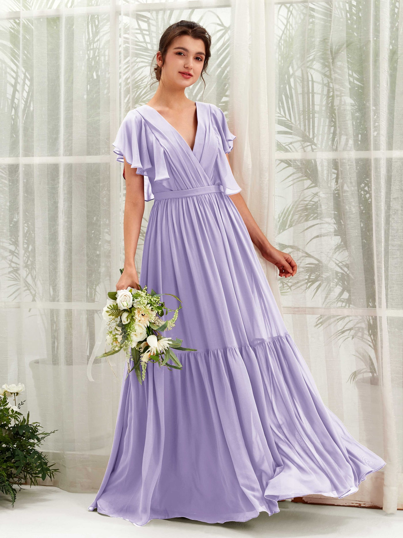 Carlyna Robe trapèze col V manches papillon longueur ras du sol demoiselle d'honneur Lilas #couleur_lilas