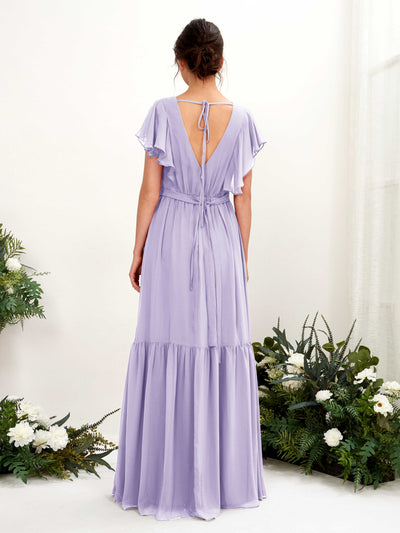 Carlyna Robe trapèze col V manches papillon longueur ras du sol demoiselle d'honneur Lilas #couleur_lilas