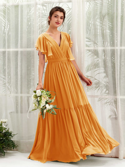 Carlyna Robe trapèze col V manches papillon longueur ras du sol demoiselle d'honneur Mangue #couleur_mangue