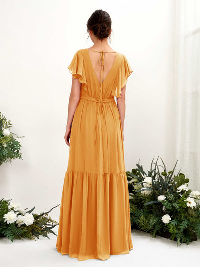 Carlyna Robe trapèze col V manches papillon longueur ras du sol demoiselle d'honneur Mangue #couleur_mangue