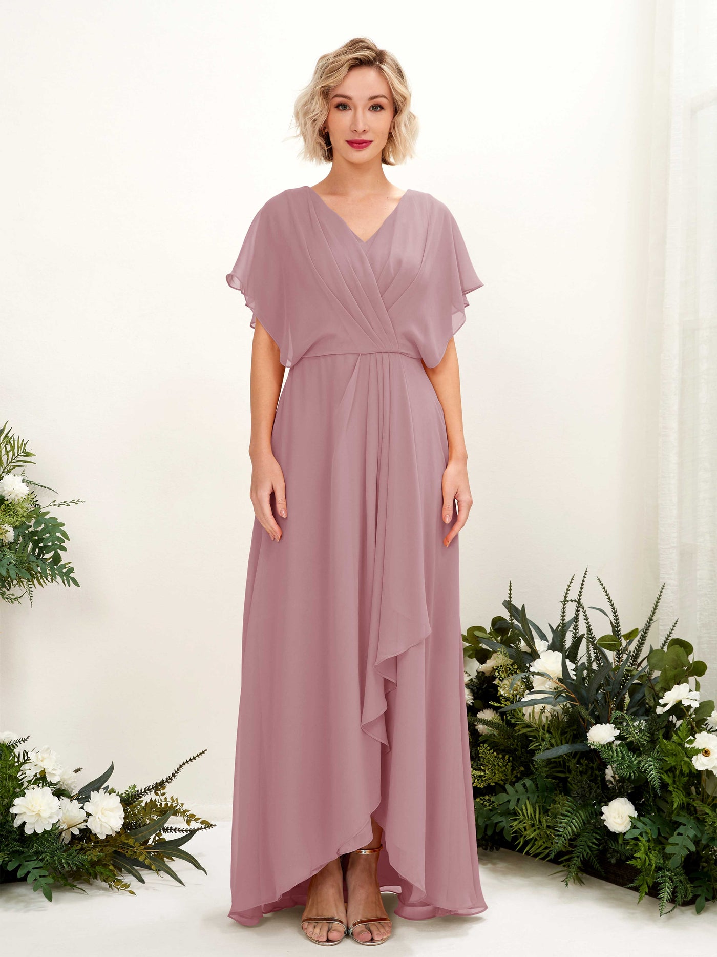Carlyna Robe Trapèze Col V Manches papillon Longueur ras du sol Demoiselle d'honneur Mauve Vintage #couleur_mauve-vintage