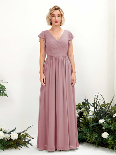 Carlyna Robe Trapèze Col V Manches papillon Longueur ras du sol Demoiselle d'honneur Mauve Vintage #couleur_mauve-vintage