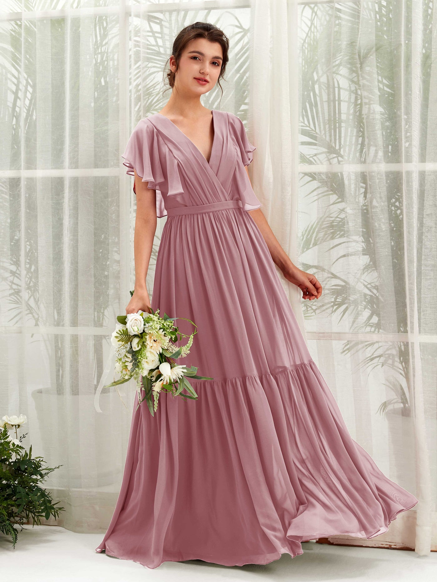 Carlyna Robe trapèze col V manches papillon longueur ras du sol demoiselle d'honneur Mauve Vintage #couleur_mauve-vintage