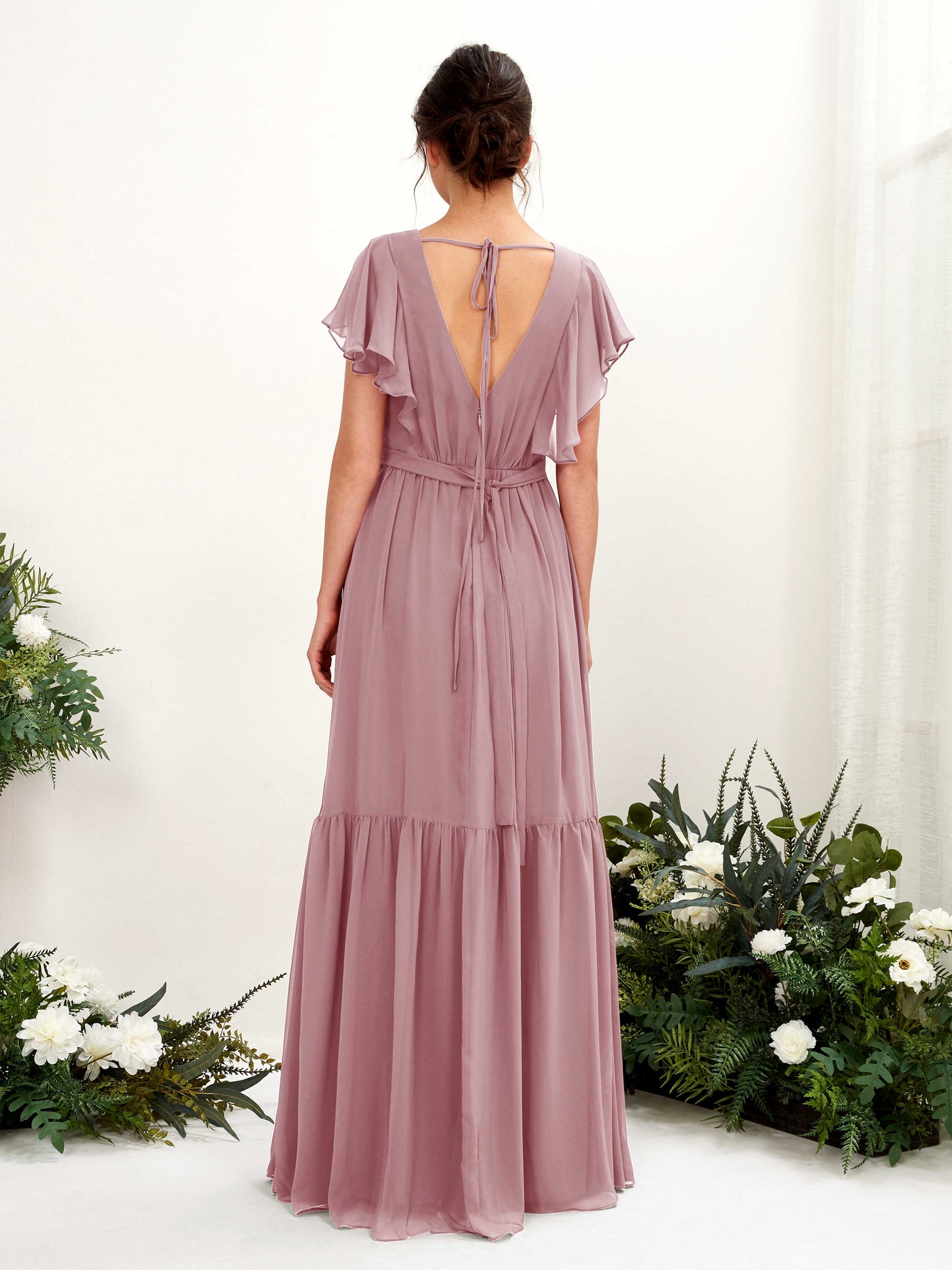 Carlyna Robe trapèze col V manches papillon longueur ras du sol demoiselle d'honneur Mauve Vintage #couleur_mauve-vintage