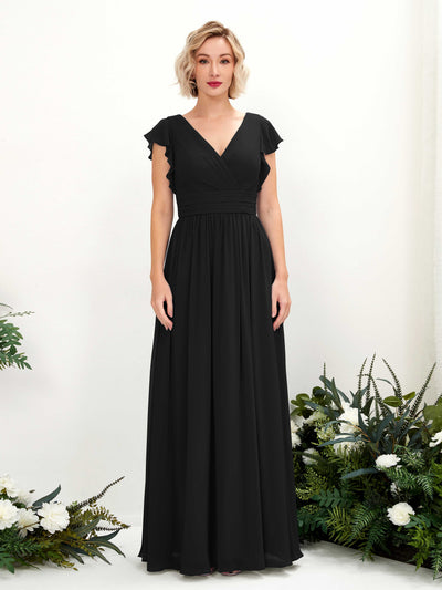 Carlyna Robe Trapèze Col V Manches papillon Longueur ras du sol Demoiselle d'honneur Noir #couleur_noir