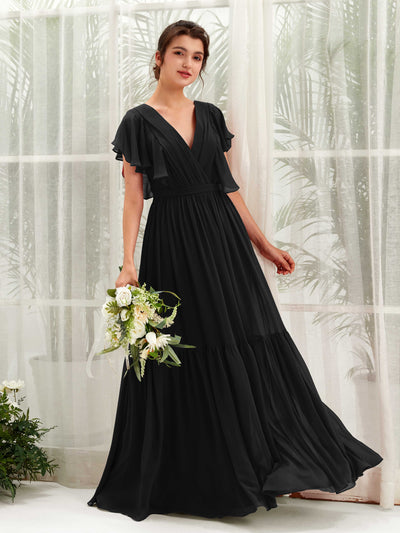 Carlyna Robe trapèze col V manches papillon longueur ras du sol demoiselle d'honneur Noir #couleur_noir