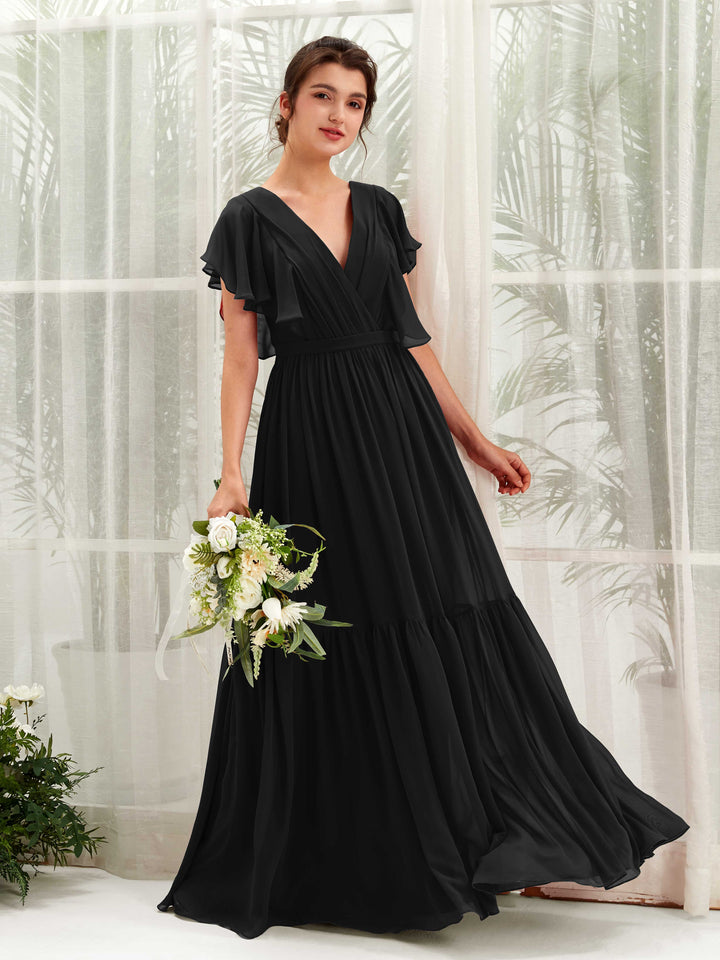 Carlyna Robe trapèze col V manches papillon longueur ras du sol demoiselle d&