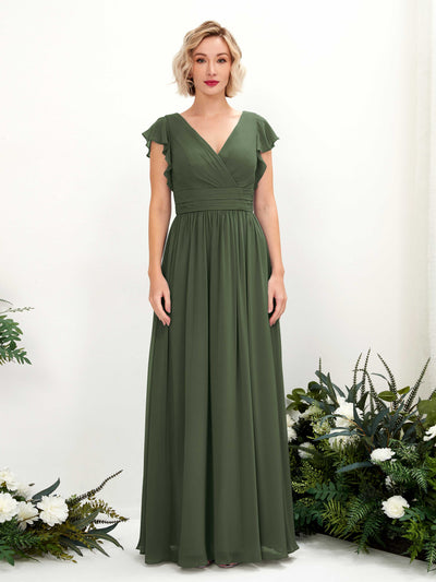 Carlyna Robe Trapèze Col V Manches papillon Longueur ras du sol Demoiselle d'honneur Olive Martini #couleur_olive-martini