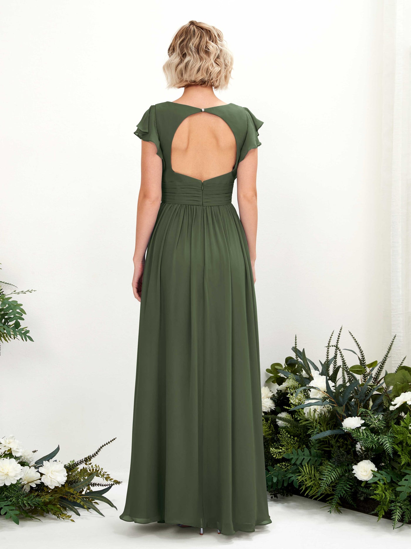 Carlyna Robe Trapèze Col V Manches papillon Longueur ras du sol Demoiselle d'honneur Olive Martini #couleur_olive-martini