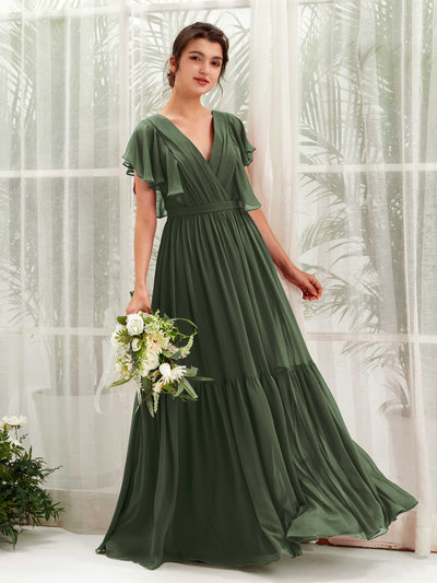 Carlyna Robe trapèze col V manches papillon longueur ras du sol demoiselle d'honneur Olive Martini #couleur_olive-martini