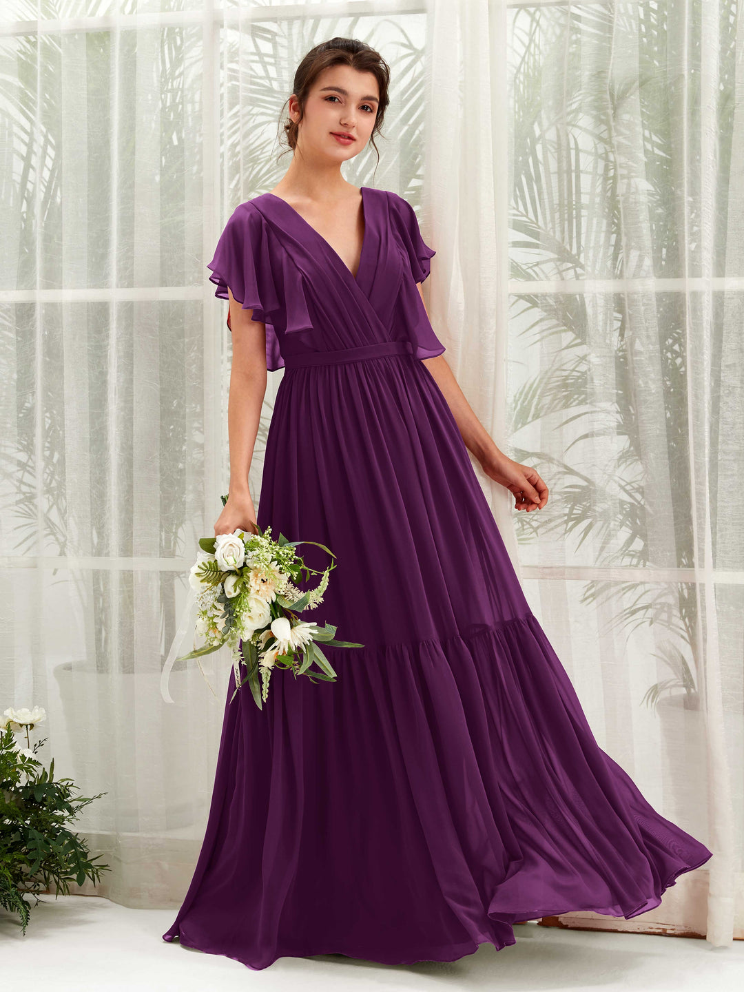 Carlyna Robe trapèze col V manches papillon longueur ras du sol demoiselle d&