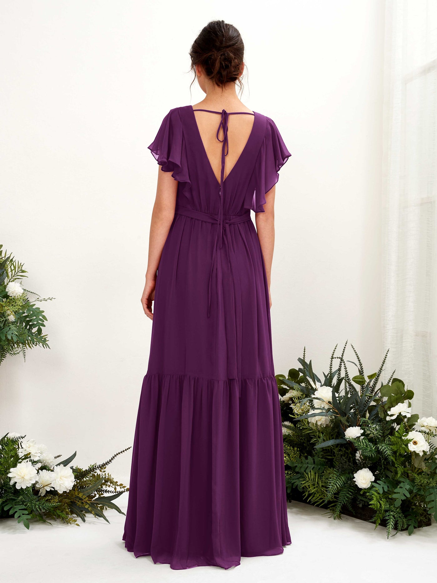 Carlyna Robe trapèze col V manches papillon longueur ras du sol demoiselle d'honneur Pourpre #couleur_pourpre