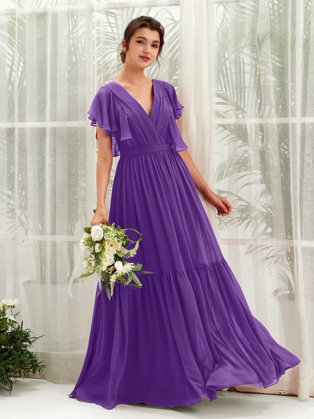 Carlyna Robe trapèze col V manches papillon longueur ras du sol demoiselle d&