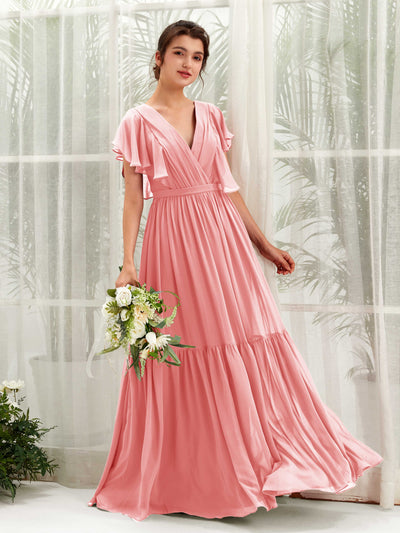Carlyna Robe trapèze col V manches papillon longueur ras du sol demoiselle d'honneur Rose Ballet #couleur_rose-ballet