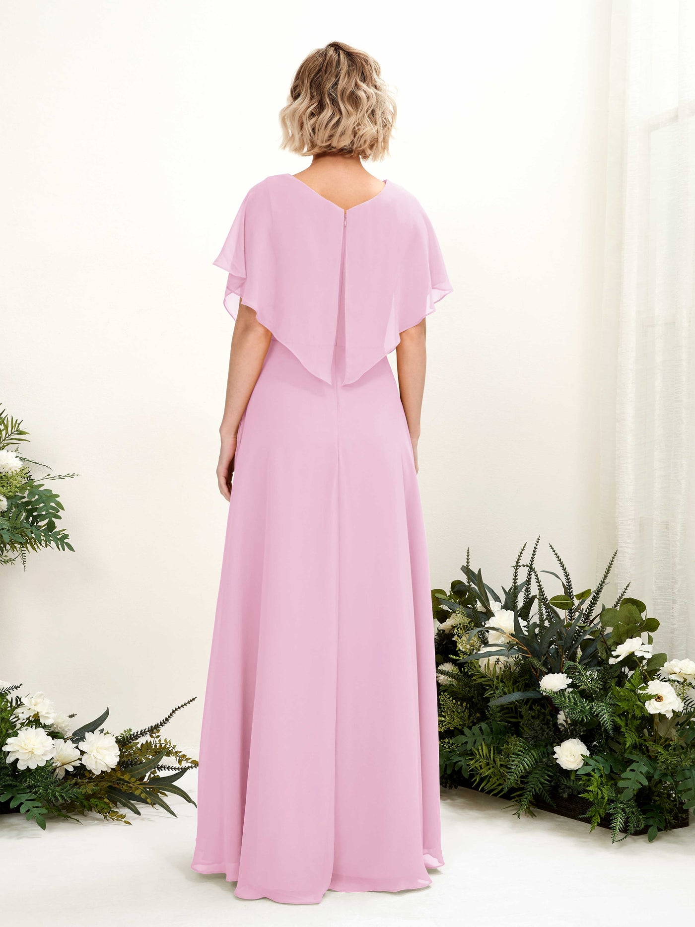 Carlyna Robe Trapèze Col V Manches papillon Longueur ras du sol Demoiselle d'honneur Rose Bonbon #couleur_rose-bonbon