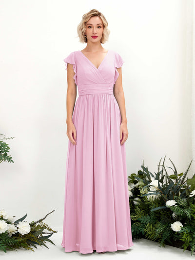 Carlyna Robe Trapèze Col V Manches papillon Longueur ras du sol Demoiselle d'honneur Rose Bonbon #couleur_rose-bonbon