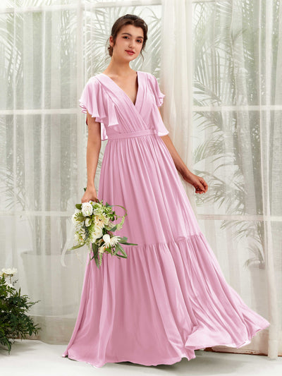 Carlyna Robe trapèze col V manches papillon longueur ras du sol demoiselle d'honneur Rose Bonbon #couleur_rose-bonbon