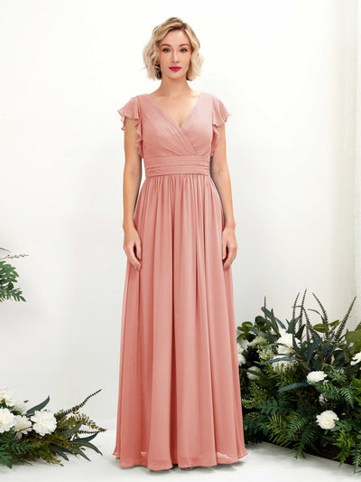 Carlyna Robe Trapèze Col V Manches papillon Longueur ras du sol Demoiselle d'honneur Rose Champagne #couleur_rose-champagne