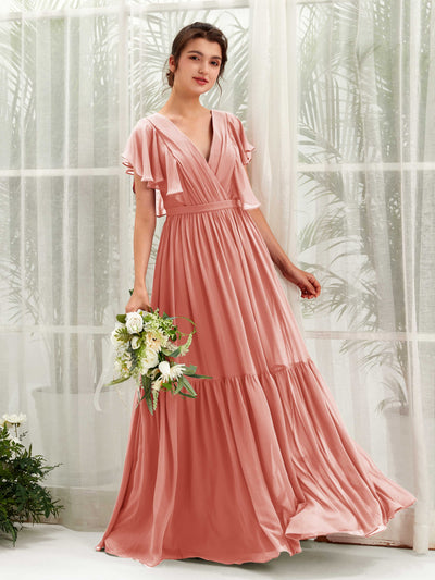 Carlyna Robe trapèze col V manches papillon longueur ras du sol demoiselle d'honneur Rose Champagne #couleur_rose-champagne