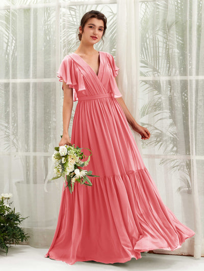 Carlyna Robe trapèze col V manches papillon longueur ras du sol demoiselle d'honneur Rose Corail #couleur_rose-corail
