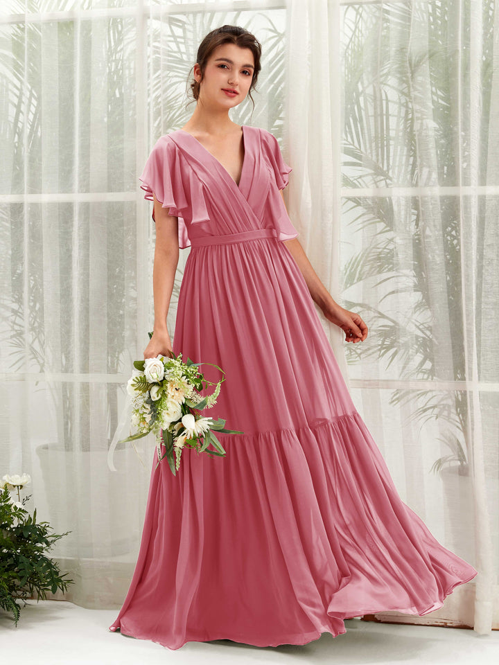 Carlyna Robe trapèze col V manches papillon longueur ras du sol demoiselle d&