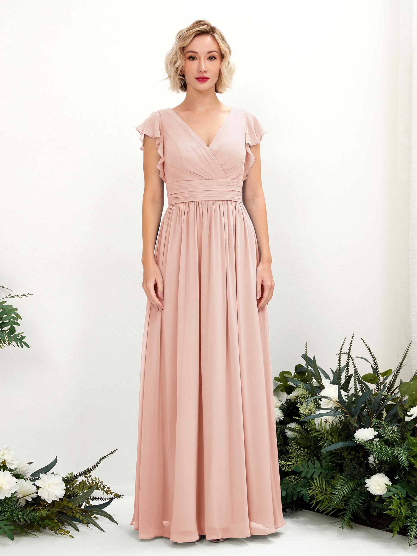 Carlyna Robe Trapèze Col V Manches papillon Longueur ras du sol Demoiselle d'honneur Rose Perle #couleur_rose-perle