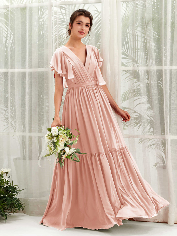 Carlyna Robe trapèze col V manches papillon longueur ras du sol demoiselle d&