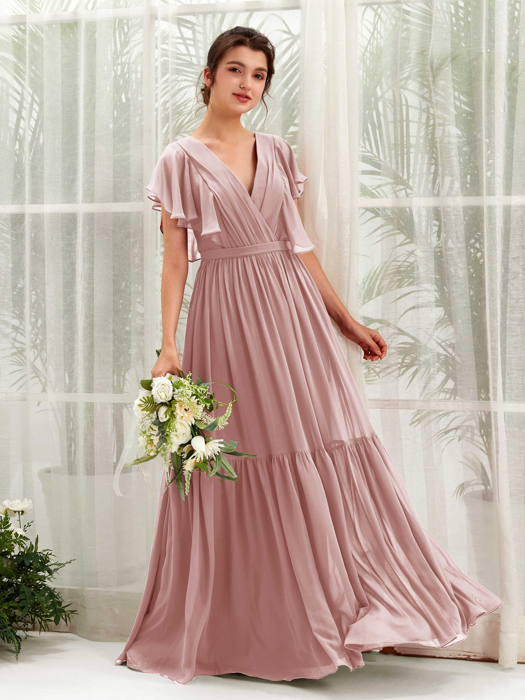 Carlyna Robe trapèze col V manches papillon longueur ras du sol demoiselle d&